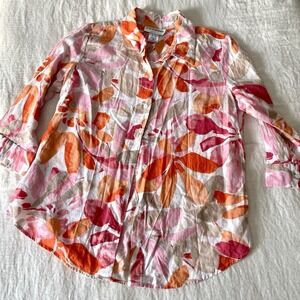 CD Petites Floral Linen Blend Buttonup 3/4 Sleeve Shirt Top Casual Petite Small‎